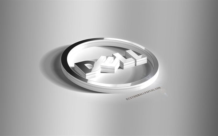 Logo Dell 3d argento, sfondo grigio, emblema Dell 3d, logo Dell, arte 3d, Dell