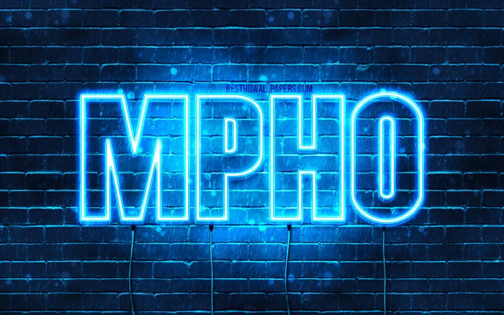Mpho, 4k, pap&#233;is de parede com nomes, nome Mpho, luzes de n&#233;on azuis, Feliz Anivers&#225;rio Mpho, nomes masculinos populares na &#193;frica do Sul, imagem com o nome Mpho