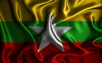 Drapeau du Myanmar, 4k, drapeaux ondul&#233;s en soie, pays asiatiques, symboles nationaux, drapeau du Myanmar, drapeaux en tissu, art 3D, Myanmar, Asie, drapeau 3D du Myanmar