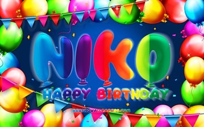 Joyeux anniversaire Niko, 4k, cadre ballon color&#233;, nom Niko, fond bleu, Niko Happy Birthday, Niko Birthday, noms masculins am&#233;ricains populaires, concept d&#39;anniversaire, Niko