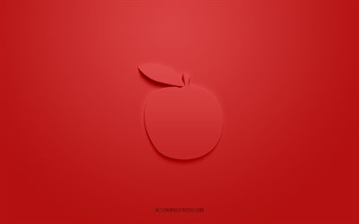 تفاحة حمراء رمز 3d, خلفية حمراء, رموز ثلاثية الأبعاد, تفاحة حمراء واحدة, أيقونات الفاكهة, أيقونات ثلاثية الأبعاد, علامة التفاح الأحمر, أيقونات الفاكهة 3d