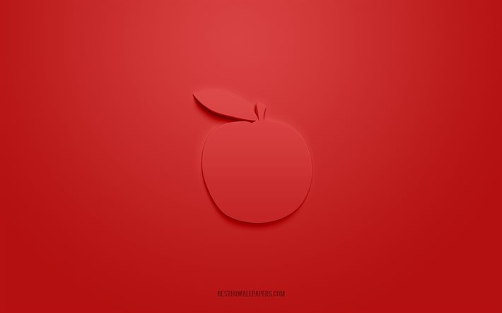 Red Apple 3d icon, red background, 3d symbols, Red Apple, Fruit icons, 3d icons, Red Apple sign, Fruit 3d icons