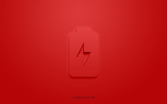 Icona 3d batteria scarica, sfondo rosso, simboli 3d, batteria scarica, icone tecnologia, icone 3d, segno batteria scarica, icone tecnologia 3d
