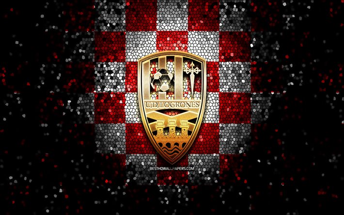 Logrones FC, logo glitter, La Liga 2, sfondo a scacchi bianco rosso, Segunda, calcio, squadra di calcio spagnola, logo Logrones, arte del mosaico, LaLiga 2, UD Logrones