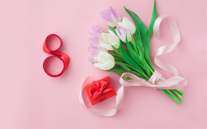 8 marzo, sfondo rosa, fiori primaverili, biglietto di auguri 8 marzo, bouquet di tulipani, nastro di seta rosso