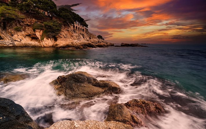 Costa Brava, Balearerna, kust, kv&#228;ll, solnedg&#229;ng, marinm&#229;lning, Katalonien, Spanien