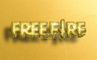 Garena Free Fire 3D -logo, GFF, keltaiset realistiset ilmapallot, 4k, pelimerkit, Garena Free Fire -logo, Free Fire -logo, keltaiset kivitaustat, Garena Free Fire