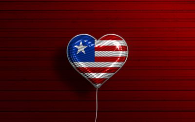 Jag &#228;lskar Liberia, 4k, realistiska ballonger, r&#246;d tr&#228;bakgrund, afrikanska l&#228;nder, Liberianskt flagghj&#228;rta, favoritl&#228;nder, Liberias flagga, ballong med flagga, Liberianskt flagga, Liberia, Love Liberia
