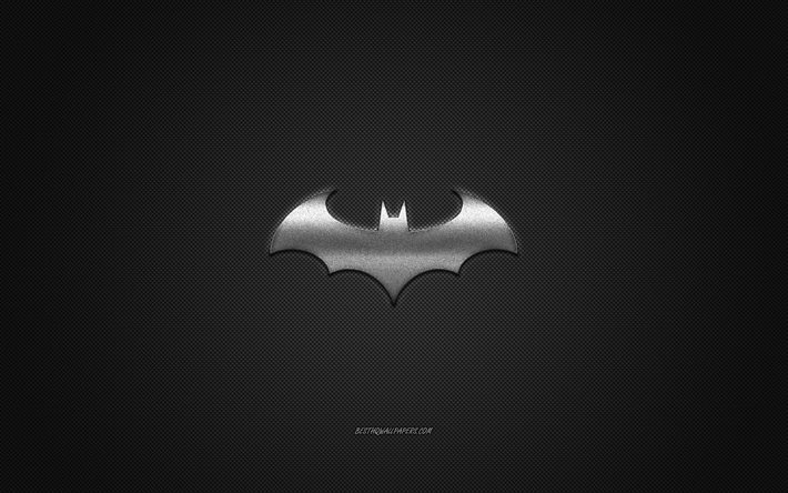 Batman, s&#252;per kahraman, Batman g&#252;m&#252;ş logosu, gri karbon fiber arka plan, Batman logosu, Batman amblemi