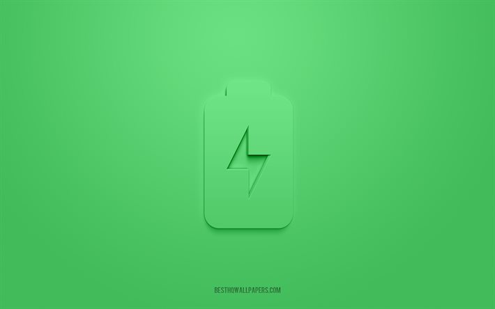 Icona 3d carica batteria completa, sfondo verde, simboli 3d, batteria, icone elettriche, icone 3d, segno carica batteria completa, icone 3d elettriche