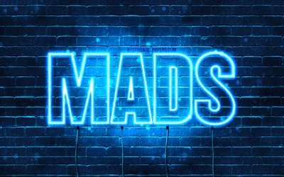 Mads, 4k, fonds d&#39;&#233;cran avec des noms, nom Mads, n&#233;ons bleus, Happy Birthday Mads, noms masculins danois populaires, photo avec le nom Mads