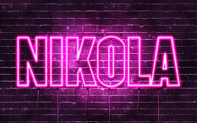 Nikola, 4k, wallpapers with names, female names, Nikola name, purple neon lights, Happy Birthday Nikola, popular polish female names, picture with Nikola name