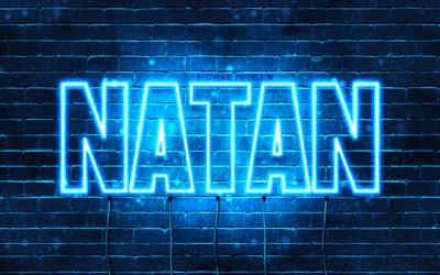 Natan, 4k, wallpapers with names, Natan name, blue neon lights, Happy Birthday Natan, popular polish male names, picture with Natan name