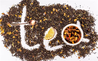thé de grandes feuilles, tasse de thé, concepts de thé, feuilles de thé, thé de mot