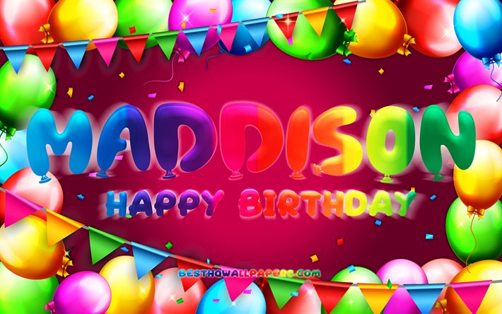お誕生日おめでとうマディソン, 4k, カラフルなバルーンフレーム, マディソンの名前, 紫色の背景, マディソンお誕生日おめでとう, マディソンの誕生日, 人気のアメリカ人女性の名前, 誕生日のコンセプト, マディソン