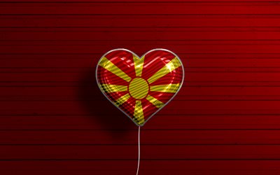 I Love North Macedonia, 4k, realistic balloons, red wooden background, Macedonian flag heart, Europe, favorite countries, flag of North Macedonia, balloon with flag, North Macedonia, Love North Macedonia