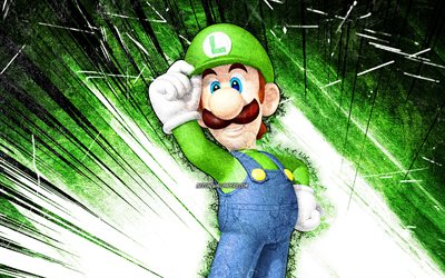 4k, Luigi, art grunge, plombier de dessin anim&#233;, Super Mario, cr&#233;atif, personnages de Super Mario, rayons abstraits verts, Super Mario Bros, Luigi Super Mario