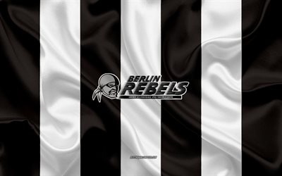 Berlin Rebels, German American Football Club, GFL, bandeira preta e branca de seda, logotipo do Berlin Rebels, Liga Alem&#227; de Futebol, Futebol Americano, Berlim, Alemanha