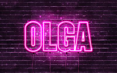 Olga, 4k, wallpapers with names, female names, Olga name, purple neon lights, Happy Birthday Olga, popular polish female names, picture with Olga name