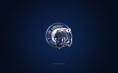 hc bili tygri liberec, tschechischer eishockeyverein, tschechische extraliga, silbernes logo, blauer kohlefaserhintergrund, eishockey, liberec, tschechische republik, bili tygri liberec logo