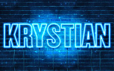 Krystian, 4k, wallpapers with names, Krystian name, blue neon lights, Happy Birthday Krystian, popular polish male names, picture with Krystian name