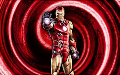 4k, Iron Man, fond grunge rouge, Fortnite, vortex, personnages de Fortnite, peau d&#39;Iron Man, Fortnite Battle Royale, Iron Man Fortnite, peau d&#39;IronMan