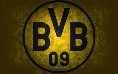 Borussia Dortmund, club de football allemand, logo BVB, fond de pierre jaune, logo Borussia Dortmund, art grunge, Bundesliga, football, Allemagne, BVB, embl&#232;me du Borussia Dortmund