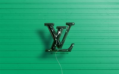 Louis Vuitton 3D logo, 4K, fashion brands, dark green realistic balloons, Louis Vuitton logo, green wooden backgrounds, Louis Vuitton