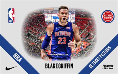 Blake Griffin, Detroit Pistons, joueur de basket-ball am&#233;ricain, NBA, portrait, USA, basket-ball, Little Caesars Arena, logo Detroit Pistons