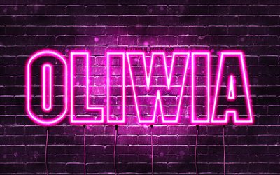 Oliwia, 4k, wallpapers with names, female names, Oliwia name, purple neon lights, Happy Birthday Oliwia, popular polish female names, picture with Oliwia name