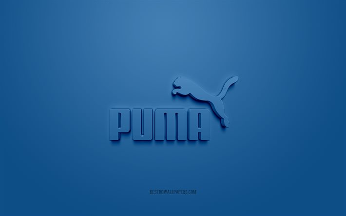 Puma logo, blue background, Puma 3d logo, 3d art, Puma, brands logo, blue 3d Puma logo