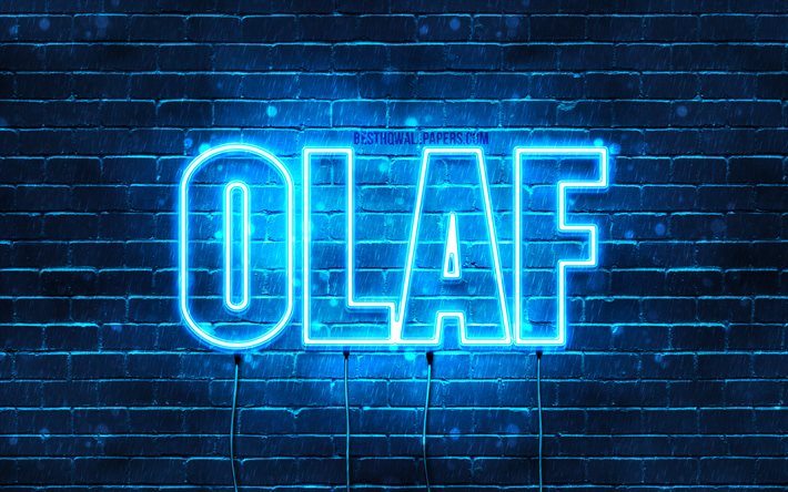 Olaf, 4k, bakgrundsbilder med namn, Olaf-namn, bl&#229; neonljus, Grattis p&#229; f&#246;delsedagen Olaf, popul&#228;ra polska manliga namn, bild med Olaf-namn