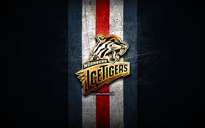 n&#252;rnberg ice tigers, goldenes logo, del, blauer metallhintergrund, deutsche eishockeymannschaft, deutsche eishockey liga, deutsche hockeyliga, n&#252;rnberg ice tigers logo, hockey