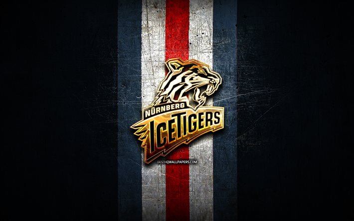 Nurnberg Ice Tigers, logotipo dourado, DEL, fundo de metal azul, time alem&#227;o de h&#243;quei, Deutsche Eishockey Liga, liga alem&#227; de h&#243;quei, logotipo Nurnberg Ice Tigers, h&#243;quei