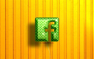 Logo 3D Facebook, 4K, ballons r&#233;alistes verts, fonds en bois jaune, r&#233;seaux sociaux, logo Facebook, Facebook