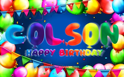 Happy Birthday Colson, 4k, colorful balloon frame, Colson name, blue background, Colson Happy Birthday, Colson Birthday, popular american male names, Birthday concept, Colson