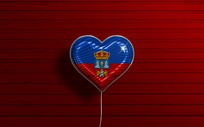 أنا أحب لوغو, 4 ك, بالونات واقعية, خلفية خشبية حمراء, يوم لوغو, المقاطعات الاسبانية, علم لوغو, اسبانيا, بالون مع العلم, مقاطعات اسبانيا, لوغو