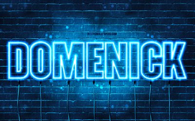 Domenick, 4k, wallpapers with names, Domenick name, blue neon lights, Domenick Birthday, Happy Birthday Domenick, popular italian male names, picture with Domenick name