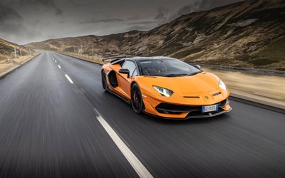 Lamborghini Aventador SVJ Roadster, 4k, highway, 2022 cars, UK-spec, supercars, Orange Aventador, italian cars, Lamborghini