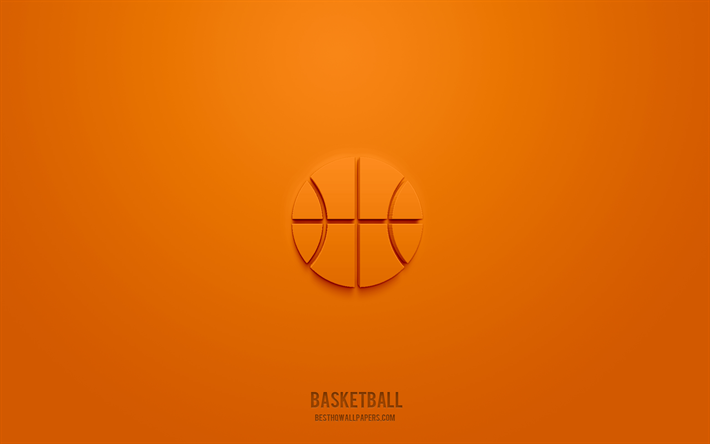 ic&#244;ne 3d de basket-ball, fond orange, symboles 3d, basket-ball, ic&#244;nes de sport, ic&#244;nes 3d, signe de basket-ball, ic&#244;nes 3d de sport