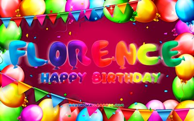 Happy Birthday Florence, 4k, colorful balloon frame, Florence name, purple background, Florence Happy Birthday, Florence Birthday, popular american female names, Birthday concept, Florence