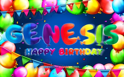 Happy Birthday Genesis, 4k, colorful balloon frame, Genesis name, blue background, Genesis Happy Birthday, Genesis Birthday, popular american male names, Birthday concept, Genesis