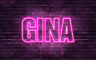 Gina, 4k, wallpapers with names, female names, Gina name, purple neon lights, Gina Birthday, Happy Birthday Gina, popular italian female names, picture with Gina name