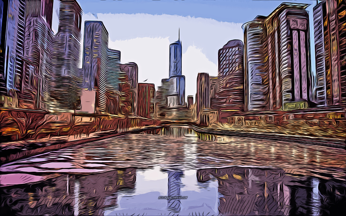Chicago, Illinois, 4k, vektorikuva, Chicagon piirustus, USA, luova taide, Chicagon taide, vector cityscapes, abstrakti Chicagon kaupunkikuva