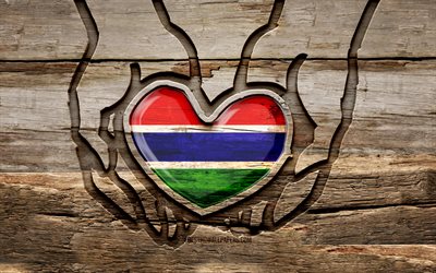 I love Gambia, 4K, wooden carving hands, Day of Gambia, Gambian flag, Flag of Gambia, Take care Gambia, creative, Gambia flag, Gambia flag in hand, wood carving, african countries, Gambia