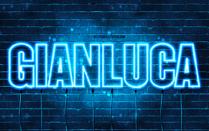 Gianluca, 4k, des fonds d&#39;&#233;cran avec des noms, le nom de Gianluca, des n&#233;ons bleus, Gianluca Anniversaire, Joyeux Anniversaire Gianluca, des noms masculins italiens populaires, une photo avec le nom de Gianluca