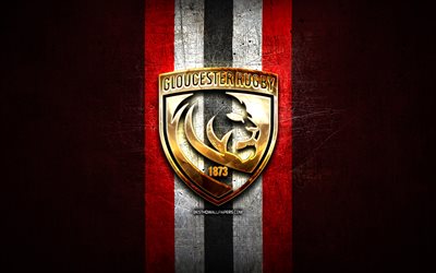 Gloucester Rugby, golden logo, Premiership Rugby, red metal background, english rugby club, Gloucester Rugby logo, rugby