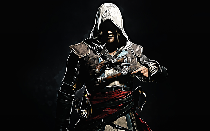 Assassins Creed, 4k, vekt&#246;r sanatı, Assassins Creed &#231;izimi, yaratıcı sanat, Assassins Creed sanatı, vekt&#246;r &#231;izim, soyut karakterler