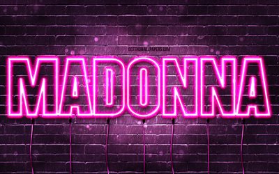 Madonna, 4k, wallpapers with names, female names, Madonna name, purple neon lights, Madonna Birthday, Happy Birthday Madonna, popular italian female names, picture with Madonna name