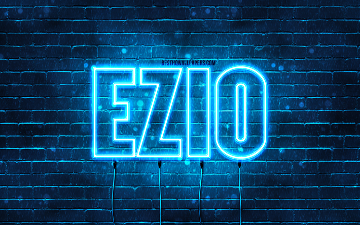 Ezio, 4k, des fonds d&#39;&#233;cran avec des noms, Ezio nom, des n&#233;ons bleus, Ezio Anniversaire, Joyeux Anniversaire Ezio, des noms masculins italiens populaires, une photo avec le nom Ezio